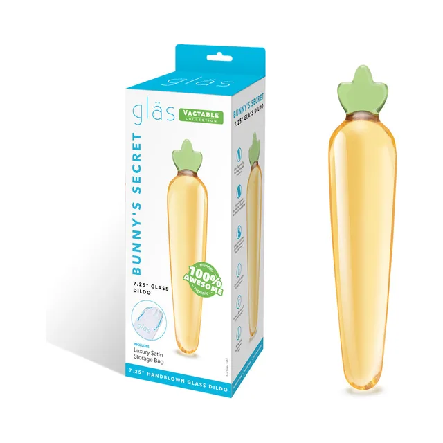 Orange Glas Bunny's Secret dildo with green bunny tip beside turquoise box