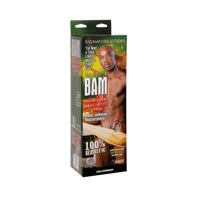 Doc Johnson Bam R5 Dark Brown 13 Inch Dildo tall black green retail carton three-quarter front