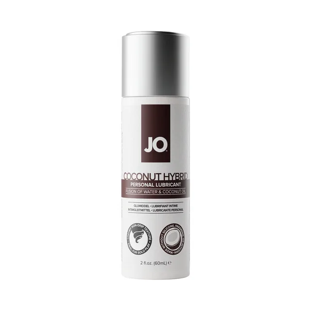 front of silver JO Coconut Hybrid 2 oz bottle with brown label panel
