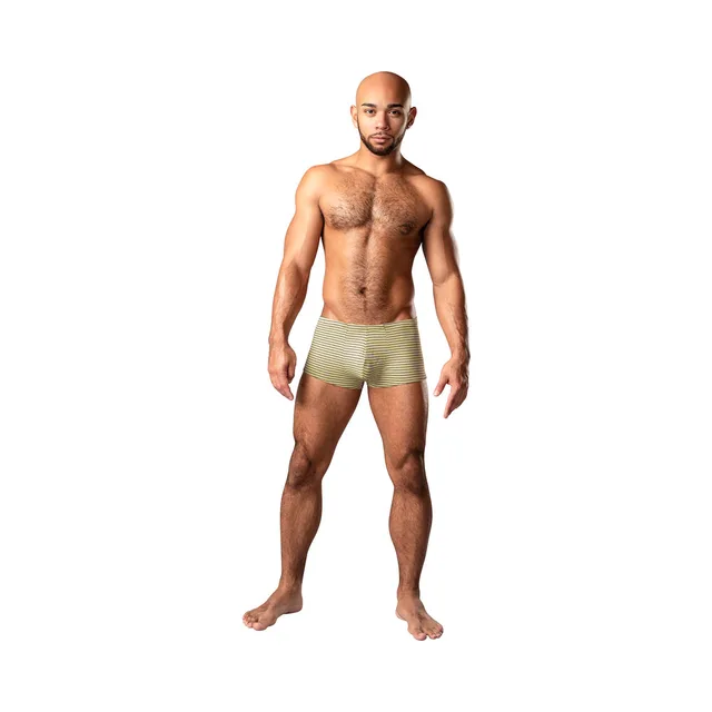 model wearing pale yellow and gray striped Cabana Banana mini short