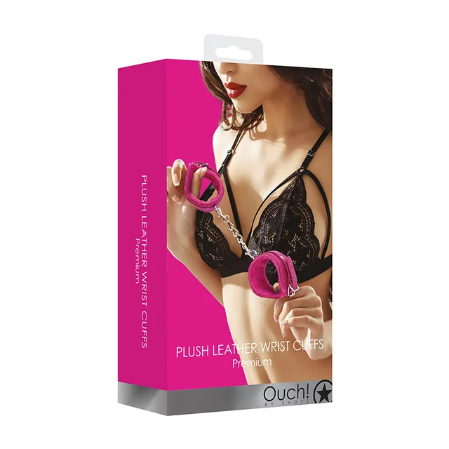 Shots Ouch pink plush leather wrist cuffs in bright pink retail box