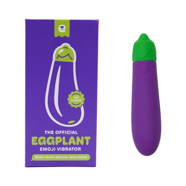 purple eggplant-shaped Emojibator with green stem beside matching USB Charge box