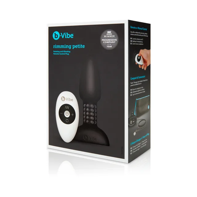Black b-Vibe Rimming Petite plug with angled black and turquoise retail boxes