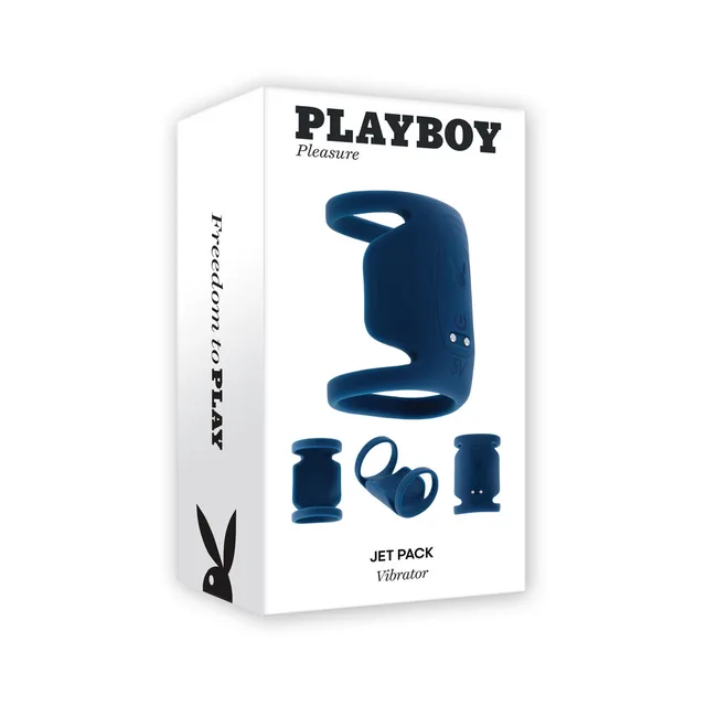 White Playboy Jet Pack retail box with navy double-ring vibrator and parts