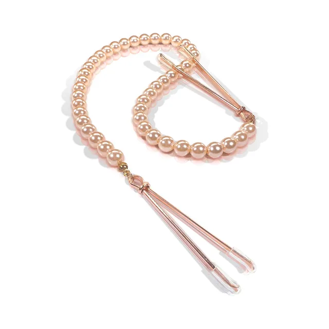 rose-gold tweezer clamp pair joined by faux-pearl chain
