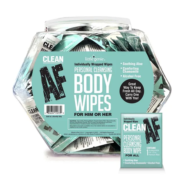 Clean AF teal 96-piece wrapped body wipes display