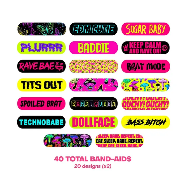 Twenty colorful Ouchie Stix Plur Vibes bandage graphics marked 40 total