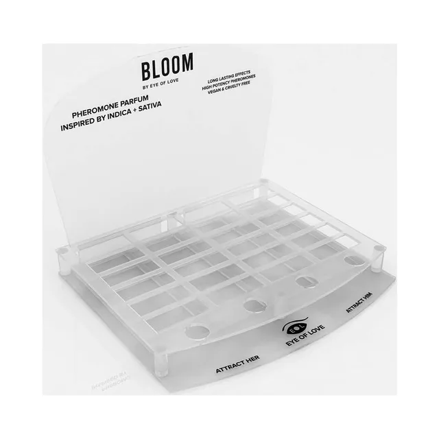 empty clear Bloom acrylic counter tray with four labeled tester positions