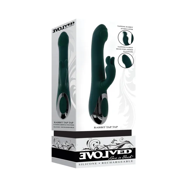 Evolved Rabbit Tap Tap green dual stimulator in tall white retail box