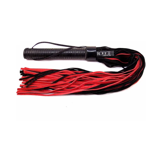 black and red Rouge suede flogger with wrapped leather handle and wrist loop