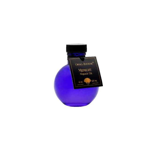 round purple 4 oz bottle of Olivia's Boudoir Midnight massage oil