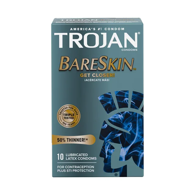 Teal and navy Trojan BareSkin carton containing 10 lubricated latex condoms