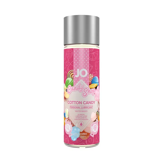 JO Candy Shop Cotton Candy 2 oz lubricant front of clear bottle with pink patterned label, candy artwork and silver cap