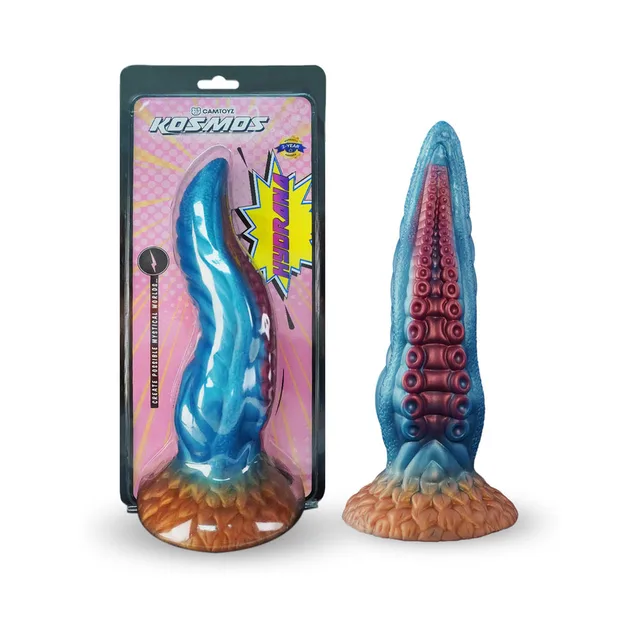 Camtoyz Hydrana blue tentacle-style dildo beside illustrated retail package