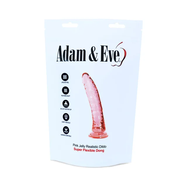 Adam & Eve Pink Jelly realistic dildo pictured on white bag packaging