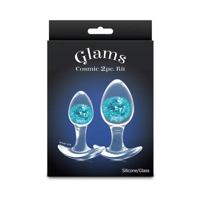 Blue Cosmic Glams two-piece silicone plug kit with glitter glass marbles