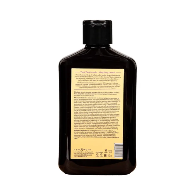 Back label of 8.4 oz ylang ylang lavender massage oil