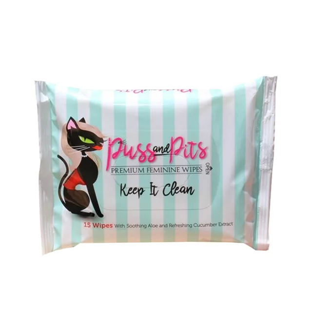 teal striped Puss & Pits resealable pack containing 15 feminine wipes