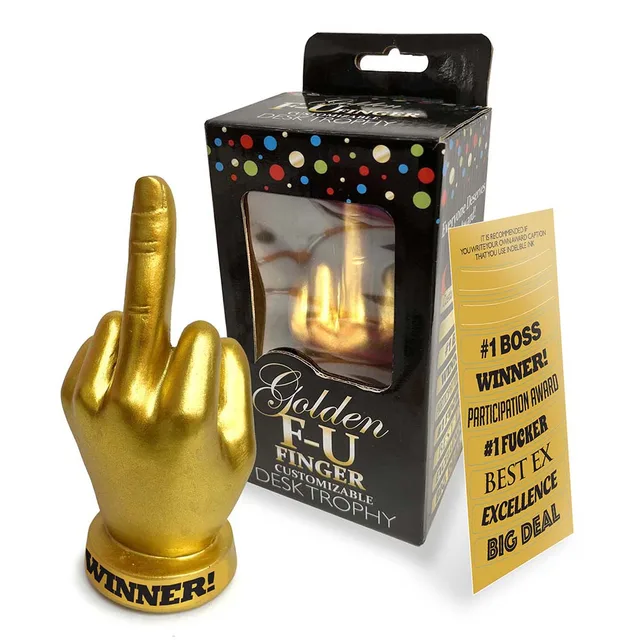 Golden F-U Finger Trophy with box and award message card