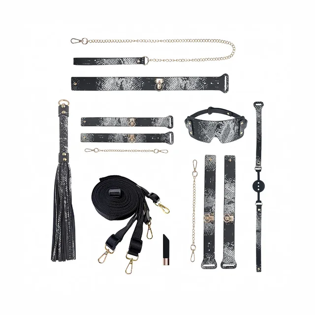 black and silver snakeskin Florence restraint pieces arranged together