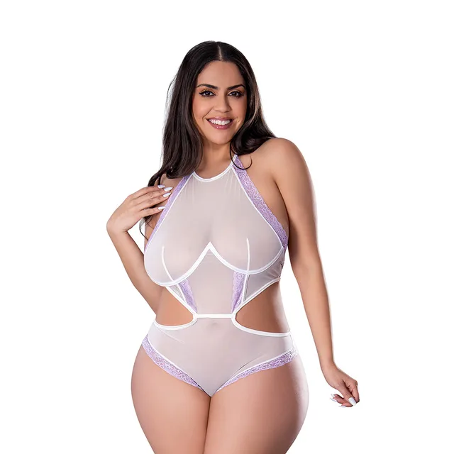 Magic Silk white and lavender halter teddy Queen size front view with high neckline and curved side cutouts