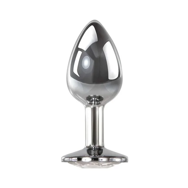 Adam & Eve Clear Gem Medium metal anal plug upright view with teardrop tip and jewel base