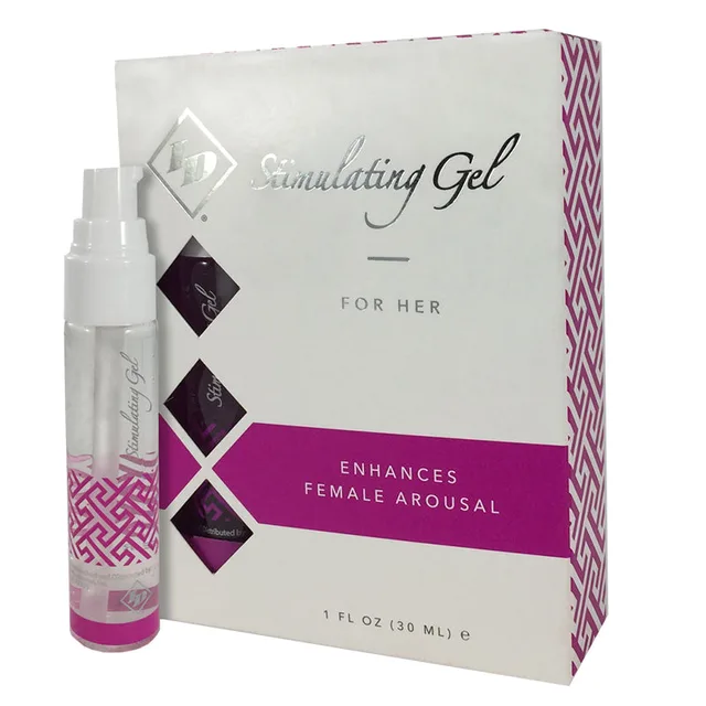 ID Stimulating Gel for Her 1 oz white pump bottle beside magenta white carton