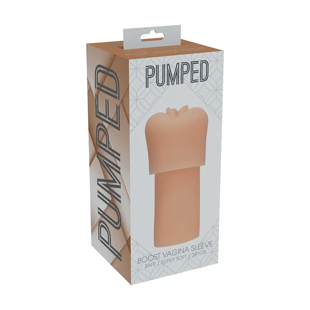 PUMPED beige 381 g vagina pump sleeve beside tall brown and white retail box