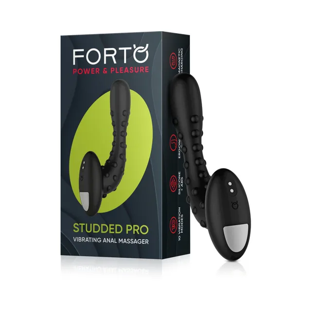 Forto Studded Pro black massager beside retail box