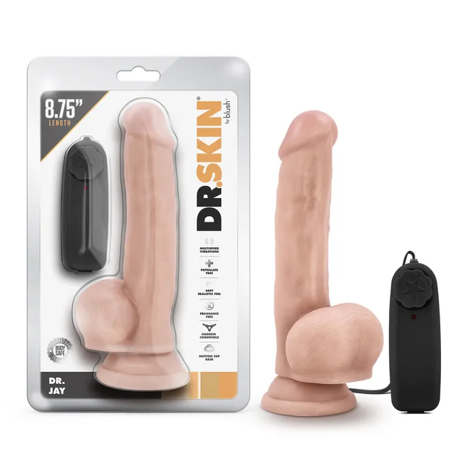 Blush Dr. Skin Dr. Jay beige vibrator in clear retail package beside black wired controller