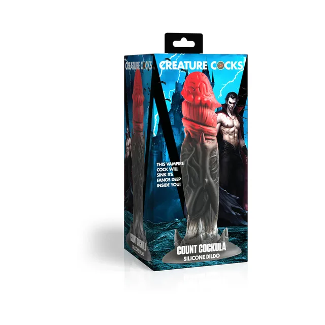 Creature Cocks Count Cockula red-and-black vampire dildo pictured in teal-edged retail box
