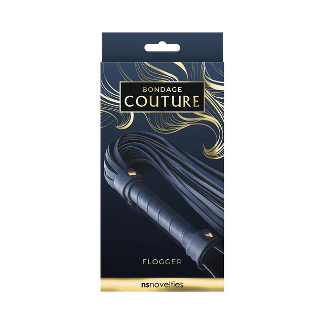 Bondage Couture blue flogger in navy retail package