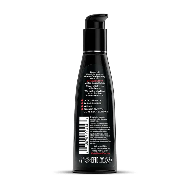 Wicked Aqua Strawberry 4 oz lubricant back of curved black bottle with white information panel, barcode and pump top