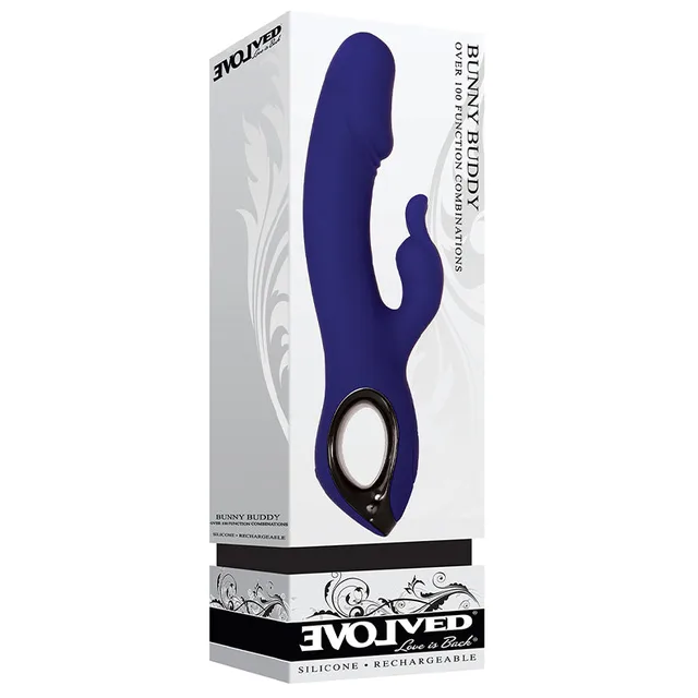 Evolved Bunny Buddy blue rabbit vibrator beside white retail box