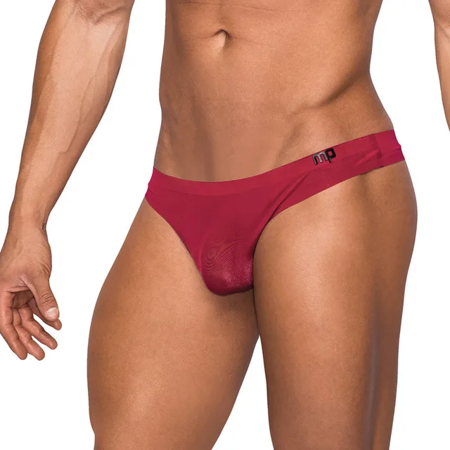 Male Power Seamless Sleek Wine Thong S M front view with high-cut sides and sheer pouch