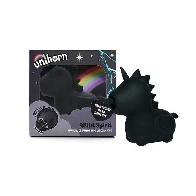 black unicorn-shaped Unihorn Wild Spirit vibrator with curled tongue beside dark retail box