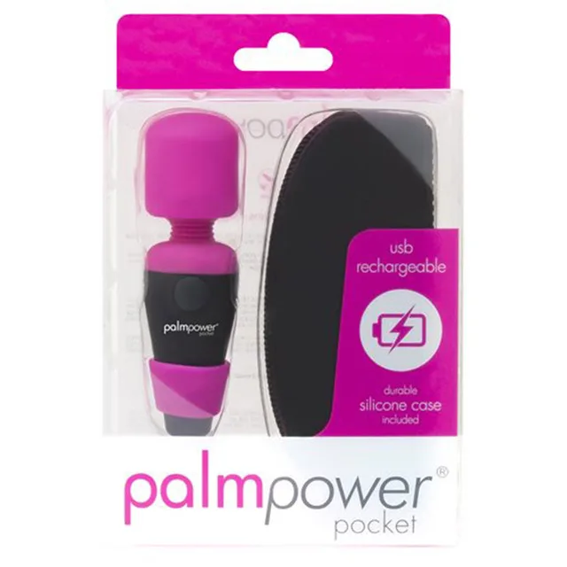 BMS Palm Power Pocket magenta mini wand beside black double-ended case in clear hanging package