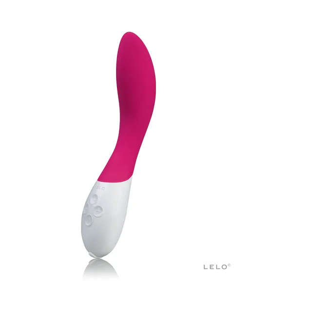 Cerise curved LELO MONA 2 vibrator with white button handle
