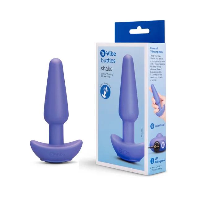 Blue-purple b-Vibe Shake plug beside blue retail box