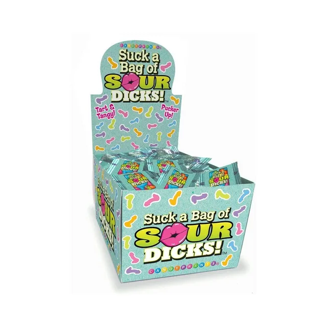 blue Sour Dicks countertop display filled with colorful penis-shaped candy bags