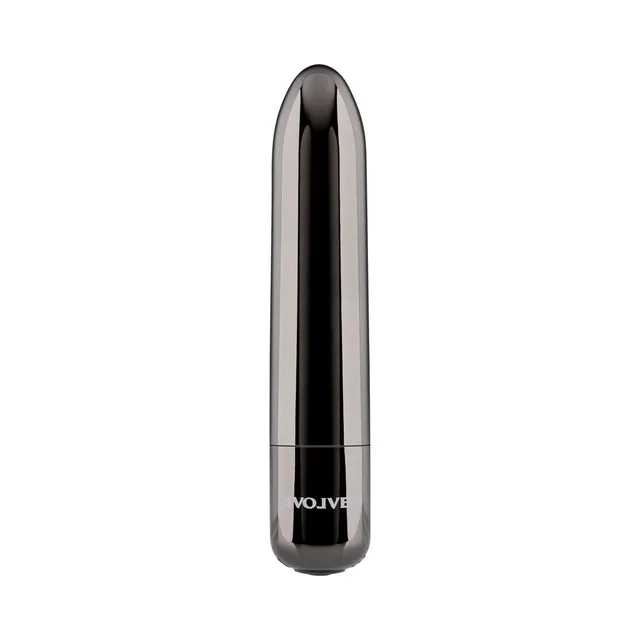 Upright view of smooth black-chrome bullet vibrator