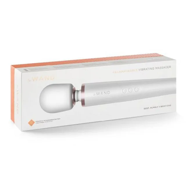 Pearl-white Le Wand rechargeable massager in long white retail box