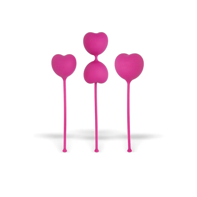 three pink silicone Kegel weights in graduated sizes with heart-shaped pull tabs