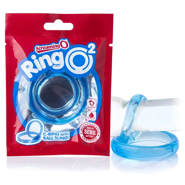 Screaming O RingO2 Blue double ring and ball sling beside red retail pouch