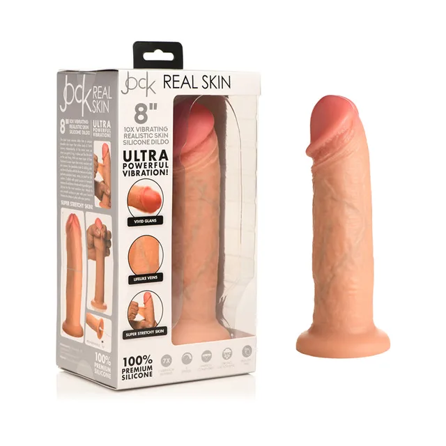 light-tone Jock Real Skin vibrating silicone dildo beside windowed 8-inch retail box