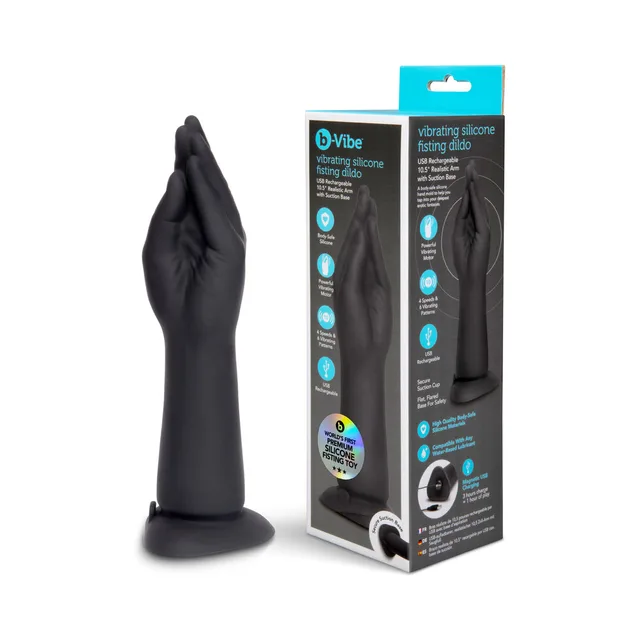 Black b-Vibe vibrating fisting dildo beside turquoise retail box