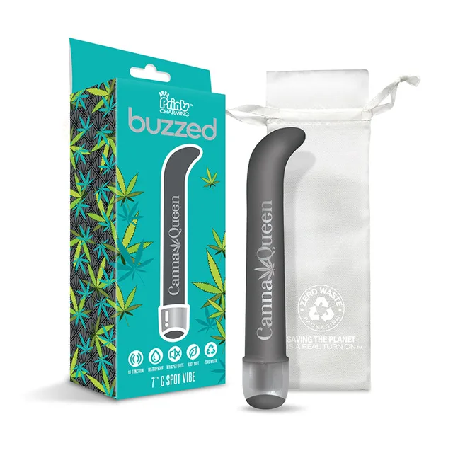 Buzzed Canna Queen gray G-spot vibe with teal box and white pouch