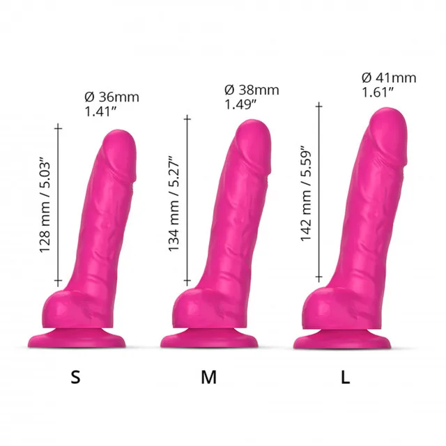 Fuchsia Strap-On-Me size S M and L dimension graphic