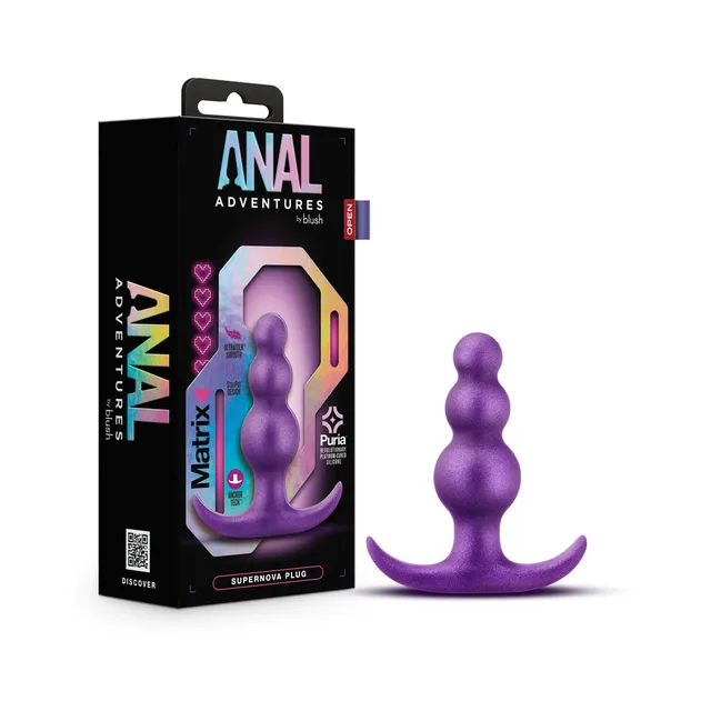 Blush Matrix Supernova Galactic Purple silicone plug beside Anal Adventures retail box