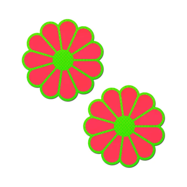 Pastease neon-pink daisy pasties with green outlines and centers